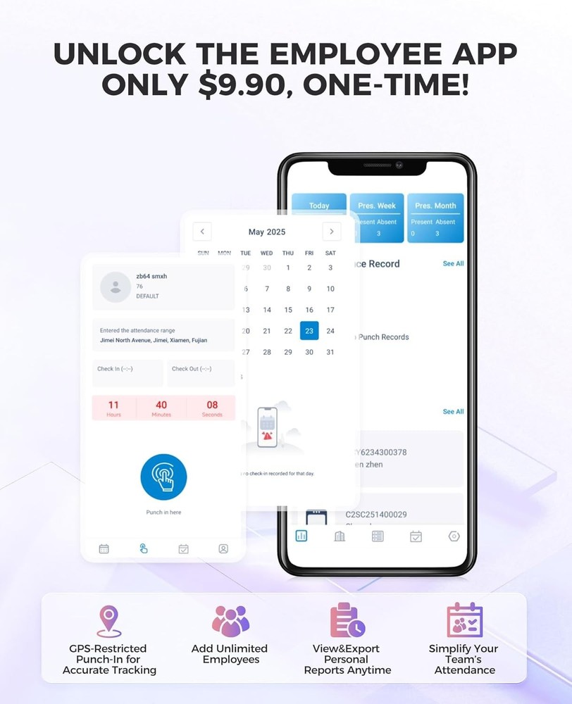 NGTeco Time Clock Cloud-Based w Tuch Screen, 4-in-1 Remote Control, S426
