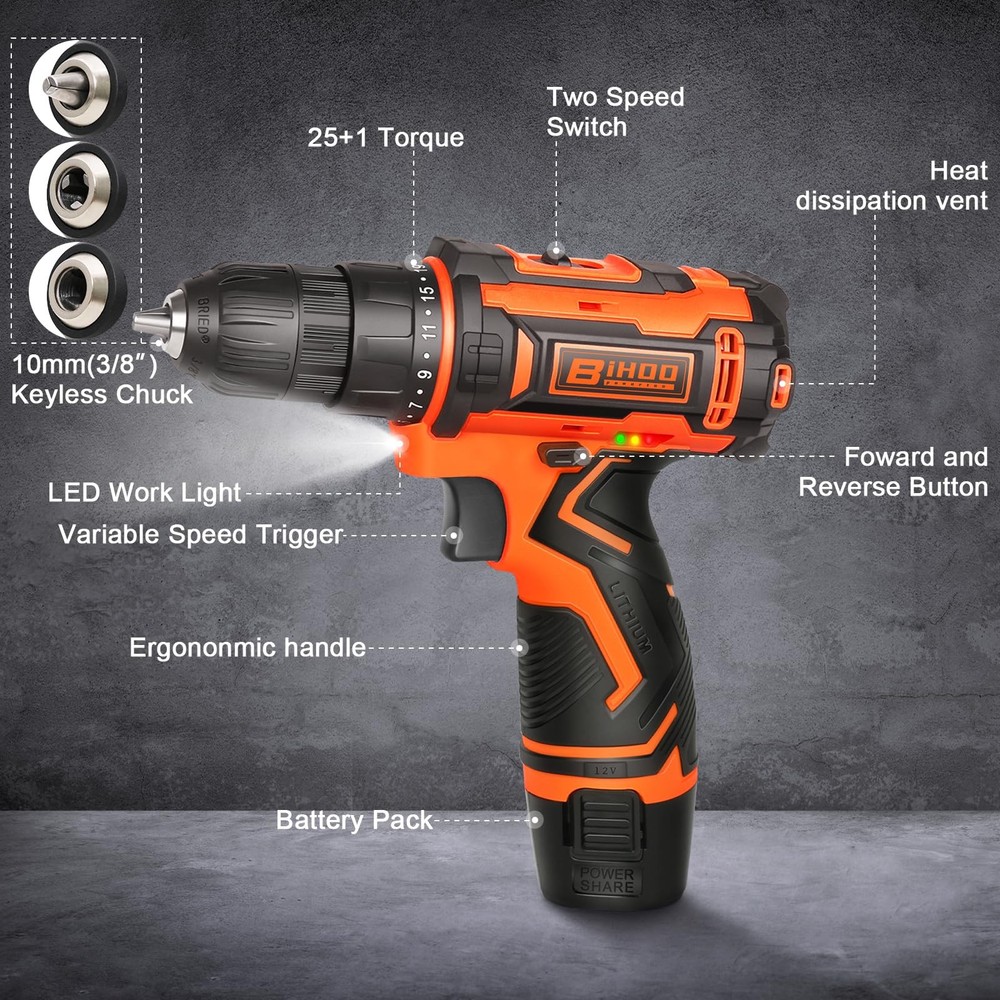 Cordless Drill Driver Set 12V,3/8"Keyless Chuck Battery Drill Kit,2 Variable ...