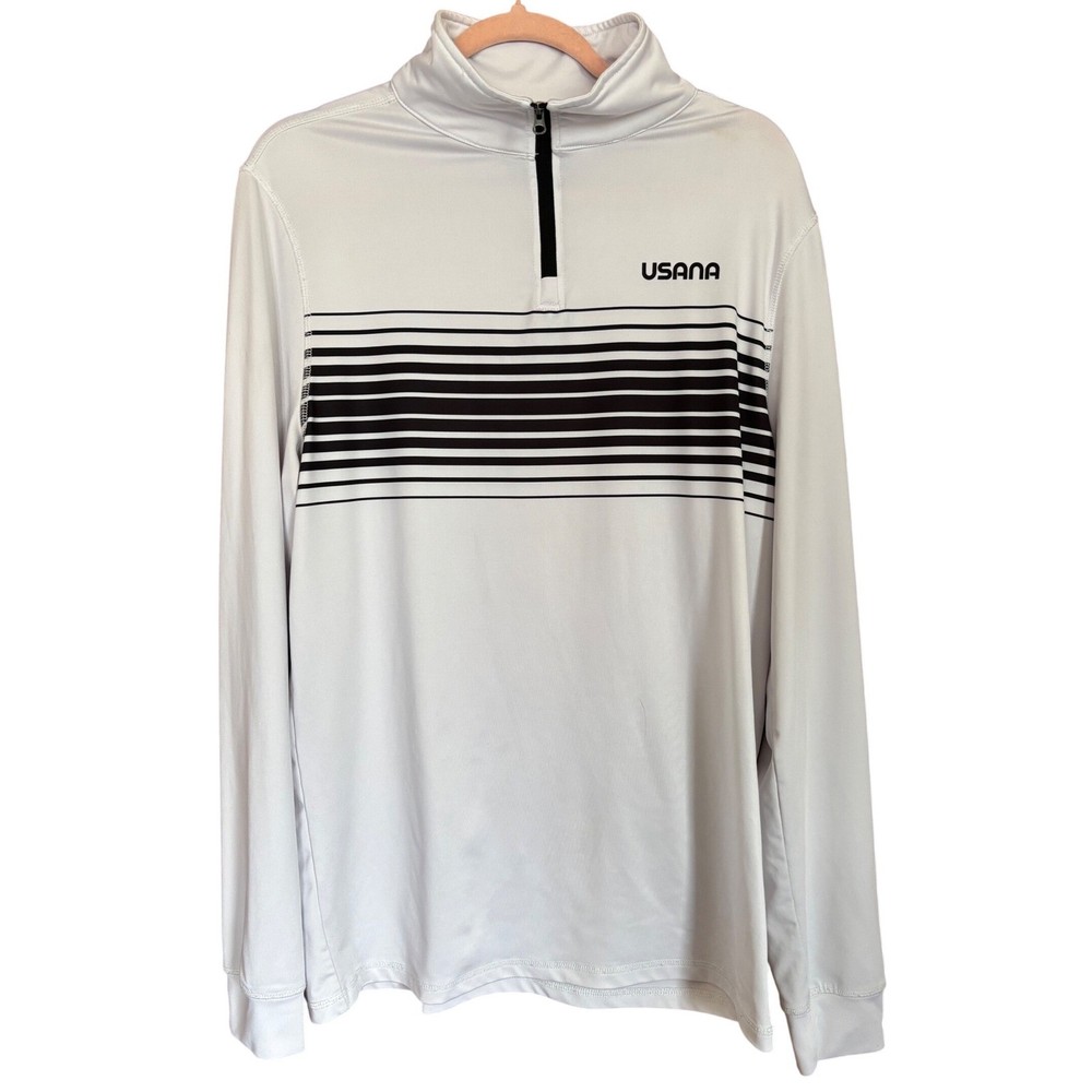 USANA Mens Small Quarter Zip Pullover White Black Striped Performance Golf Shirt