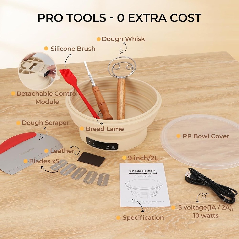 Electric Sourdough Starter Kit with 6-Temp (77-122℉) Control & Timer - 9" Fol...