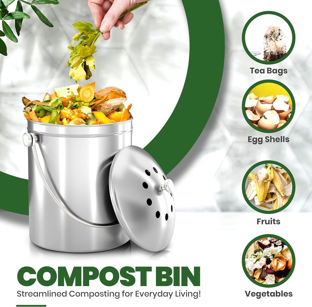 Utopia Kitchen Indoor Compost Bin Kitchen, Odorless Composting, 1.3 Gallon SS