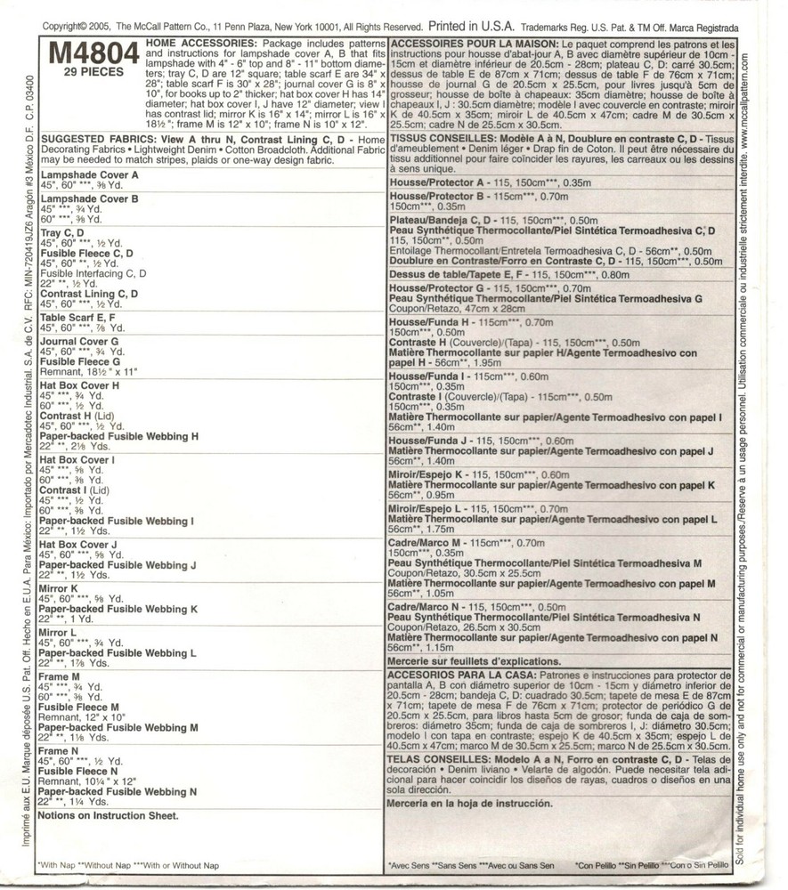 McCalls M4804 Home Accessories Sewing Pattern Uncut