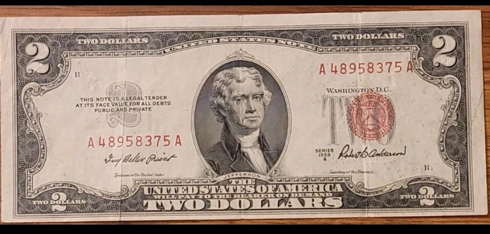 1953-A $2 ....Third printing shift upwards. Scarce
