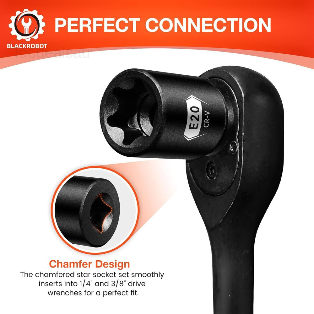 E Torx & Star Socket Set With Rail, 11-Piece Female External Sockets, E4-E20