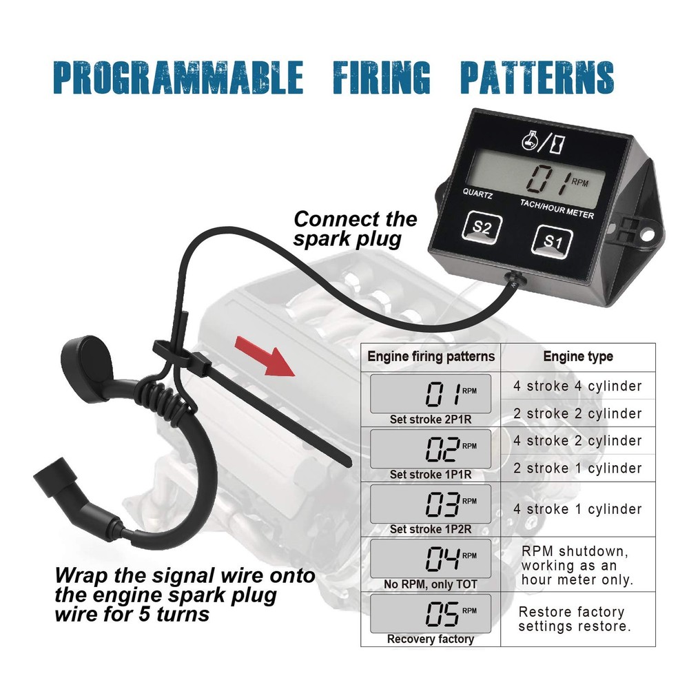 Digital Hour Meter Tachometer, Maintenance Reminder, Battery Replaceable, Aut...