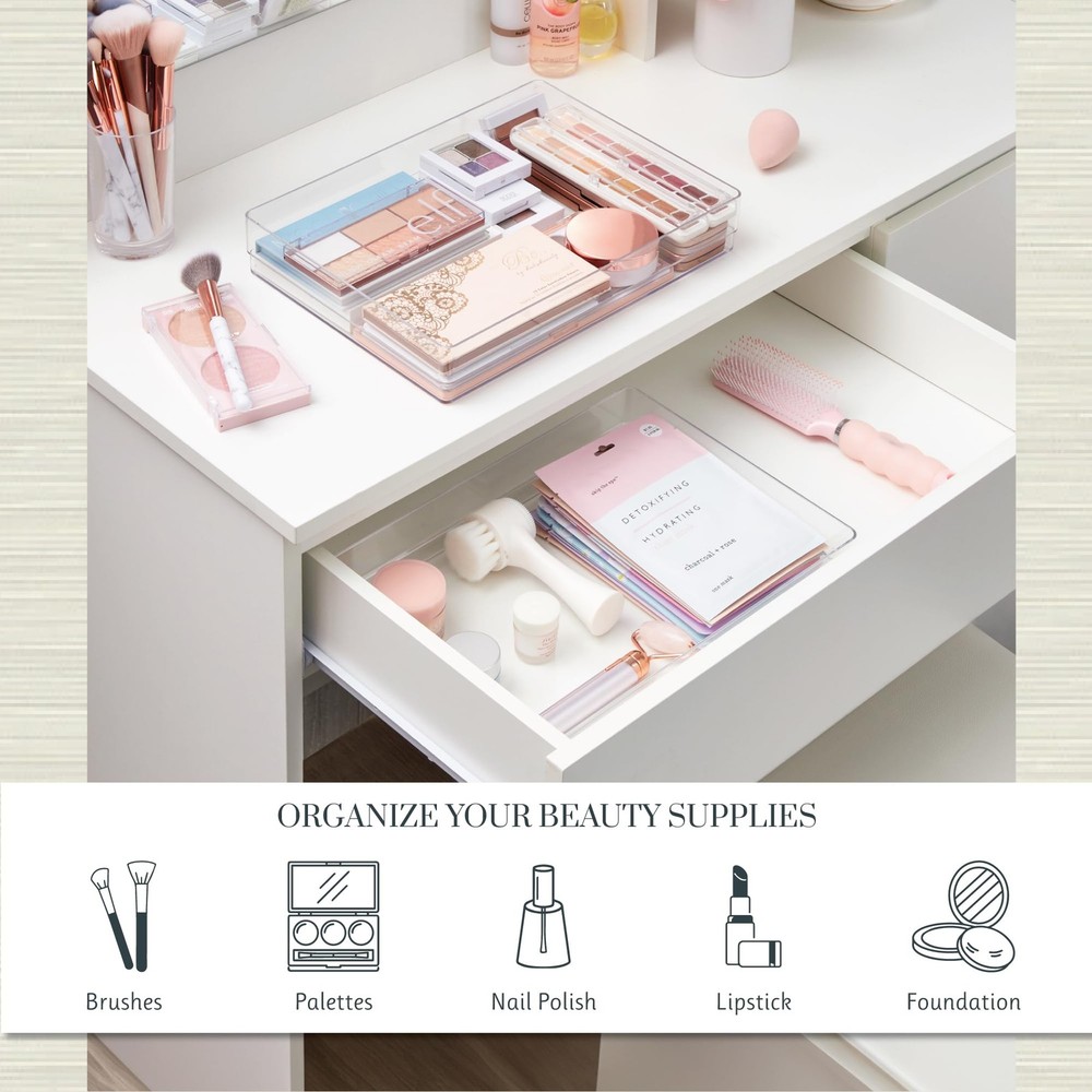 SimpleSort 2-Piece Stackable Clear Drawer Organizer Set | 12" x 9" x 2" Recta...