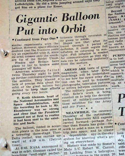 PROJECT ECHO 1st Communications Satellite Launch & Orbit Success 1960 Newspaper