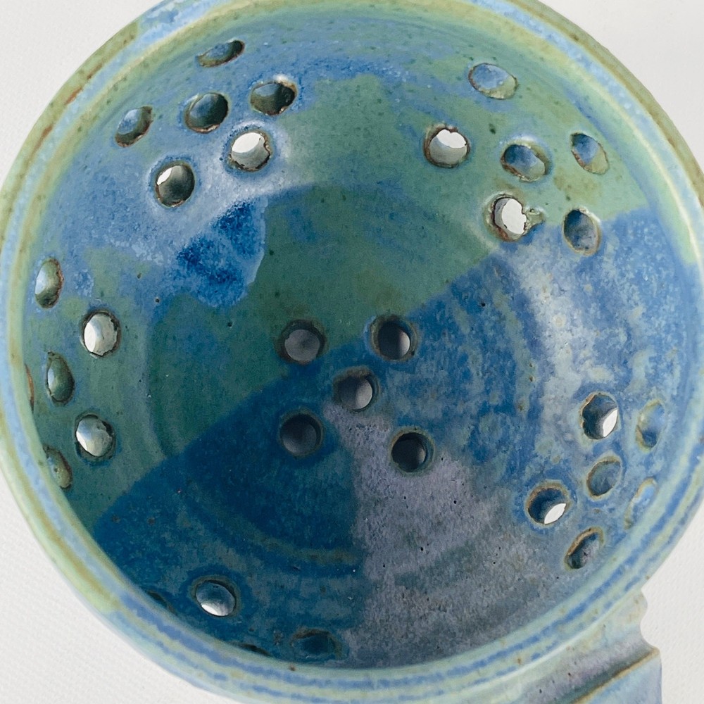 Handmade Blue Green Pottery Berry Bowl Strainer Signed