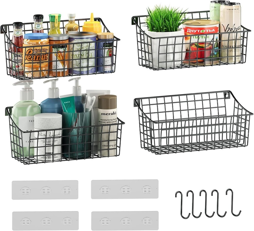 4-Pack Hanging Wall Baskets with Hooks - Pantry & Kitchen Organization Set