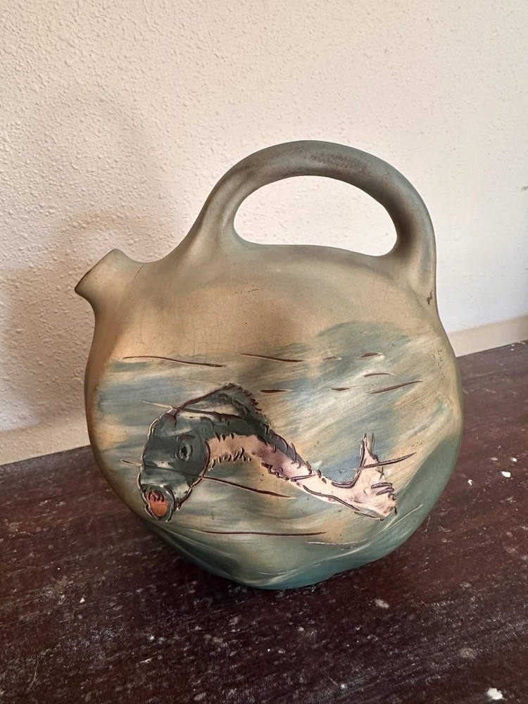 Weller Pottery Dickens Ware Hunter Pitcher with Fish Design