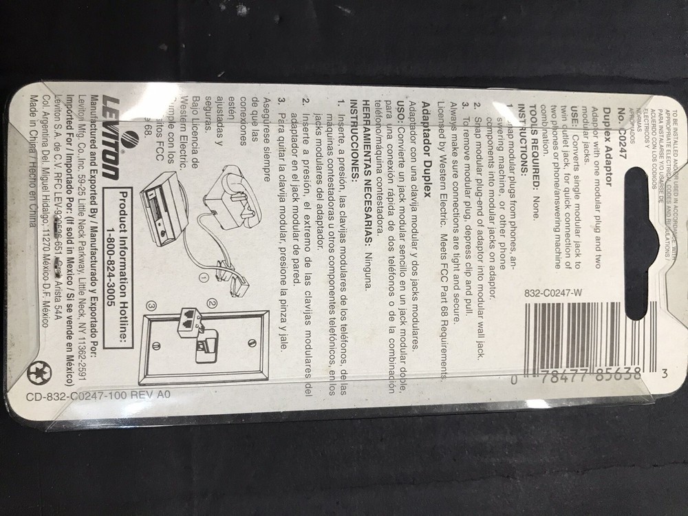 Leviton phone line modular duplex plug adapter/832-co247 white 9 available new