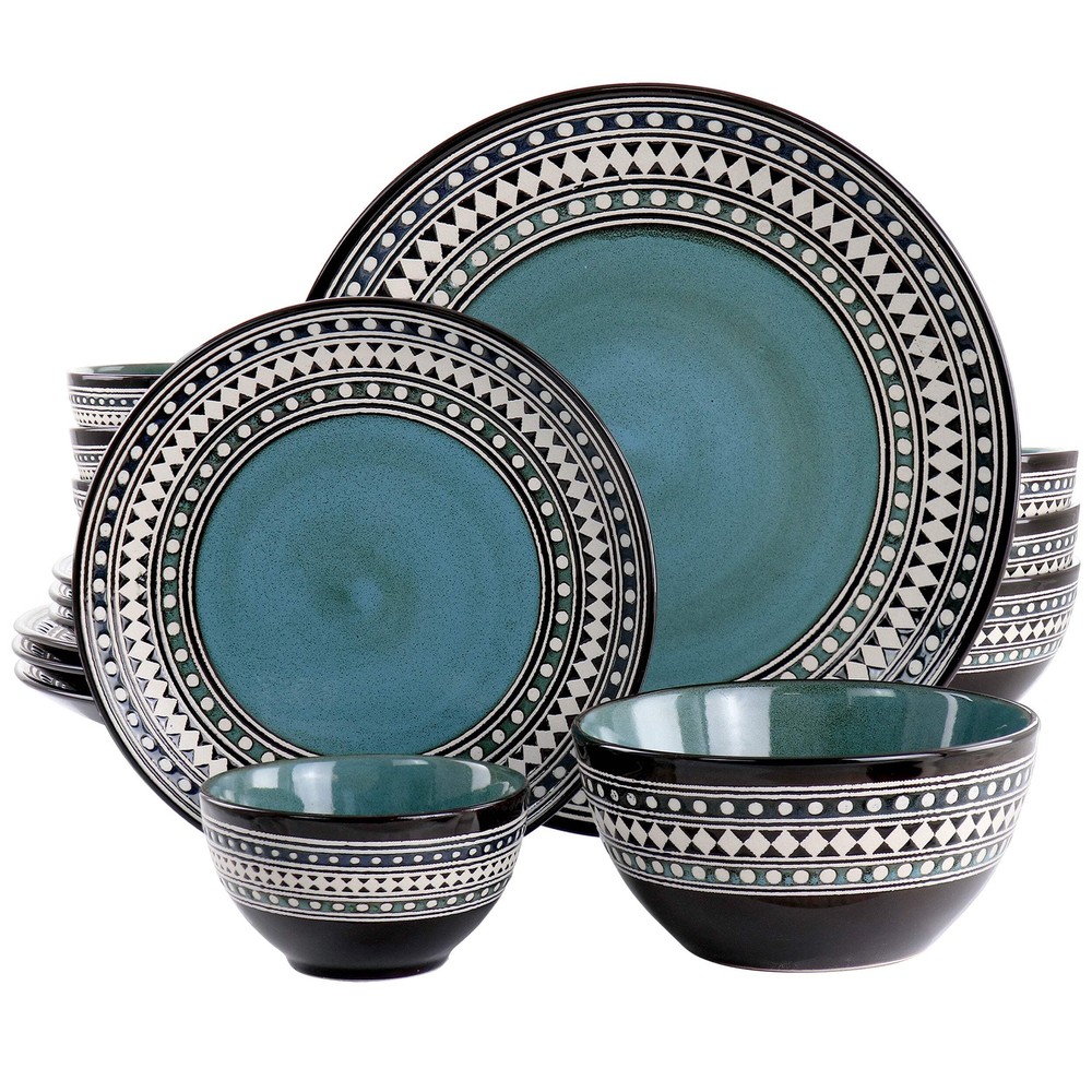 Elama Blue Sage 16 pc Double Bowl Stoneware Dinnerware Set in Blue