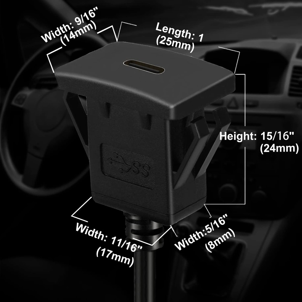 BATIGE Square Type C 3.1 Car Flush Mount Cable USB C Panel 3ft, Black