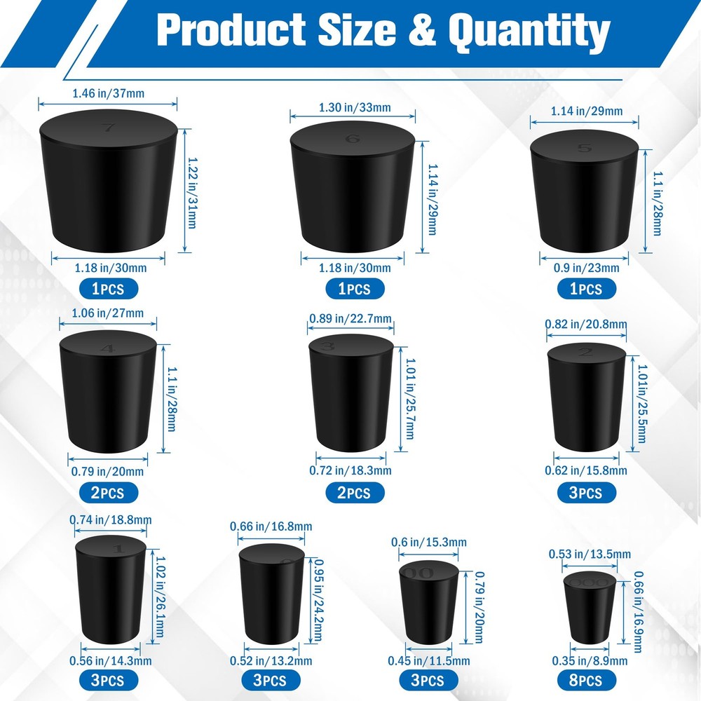 Solid Rubber Stopper Black Lab Plug 000-7 Assorted Sizes Coating Paint 27 Pack