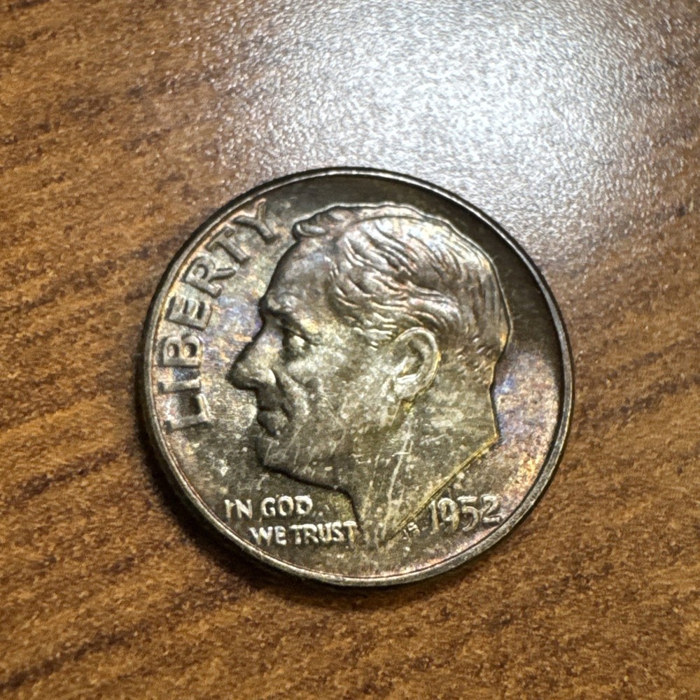 1952 Roosevelt Silver Dime Gem Uncirculated Rainbow Toning