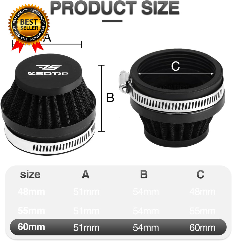 2PCS Motorcycle 60MM Air Intake Filter Universal Air Filter Cleaner