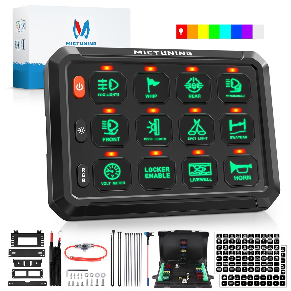 MICTUNING RGB 12 Gang Switch Panel On-Off LED Circuit Control System Kit 12V/24V