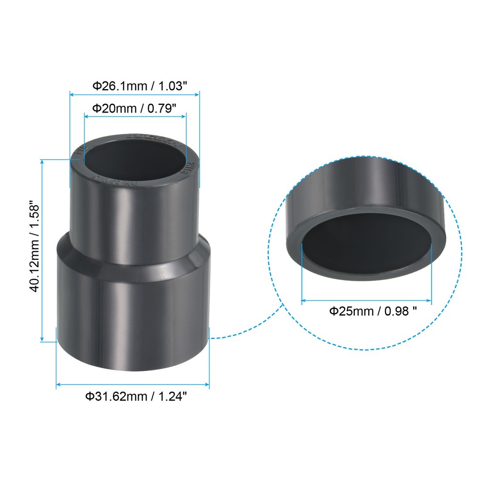 5pcs PVC Reducer Pipe Fitting 1x0.8" Socket Coupling Adapter Connector, Grey