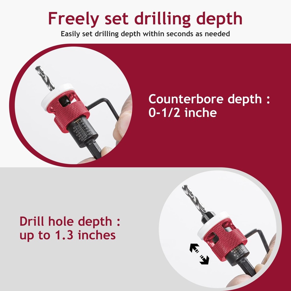 1 Pcs Countersink Drill Bit Set with Low Friction Depth Stop, 1pcs/set, Red