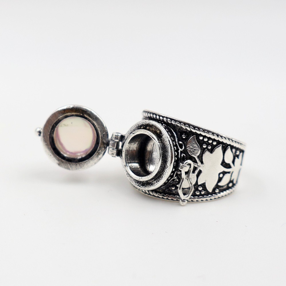 Aurora Opal Poison Ring, 925 Silver Platted Ring, Compartment Pill Box Ring