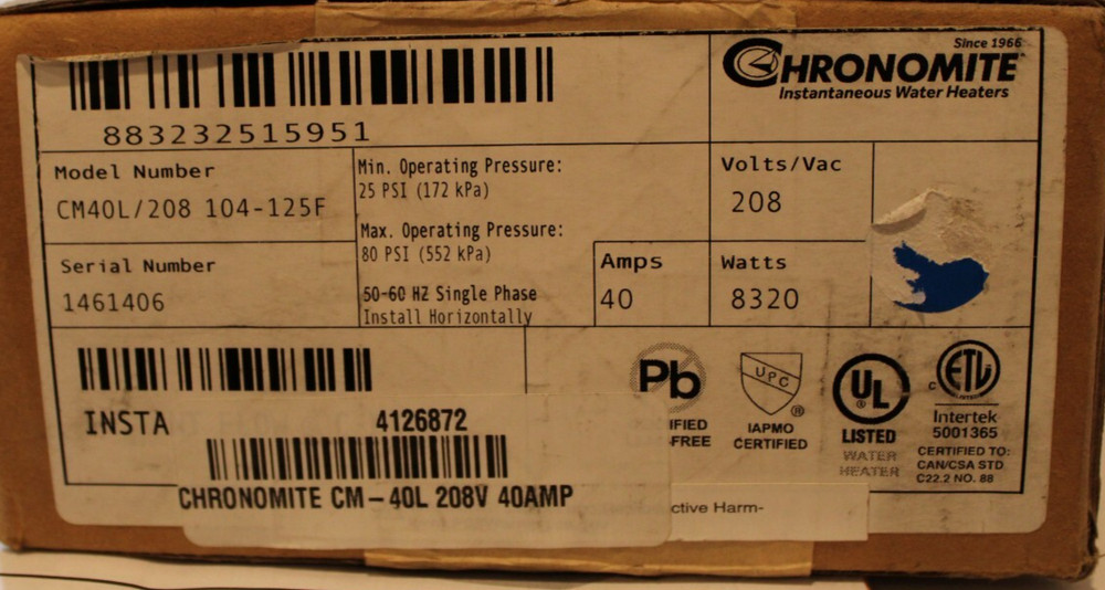 Chronomite CM-40L/208 - 104-125F 8320Watt 208 Volt 40 Amps Electric Water Heater