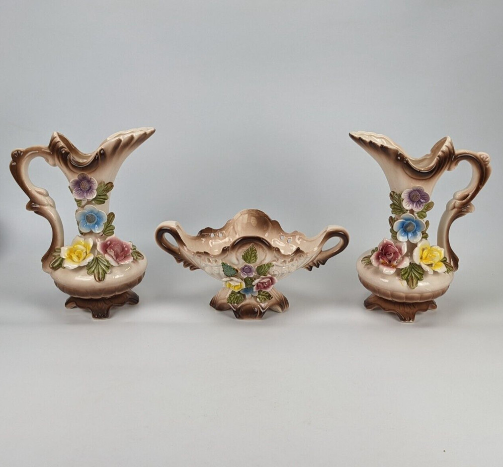 Vintage 3 Piece Floral Pattern Pitcher Console Set