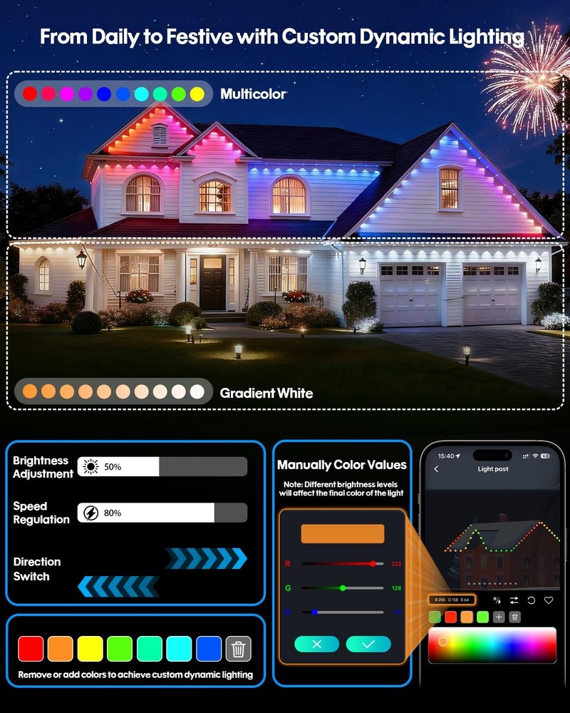 Permanent Outdoor Lights 100FT, RGB+IC Eave Lights with Remote APP Control, D...
