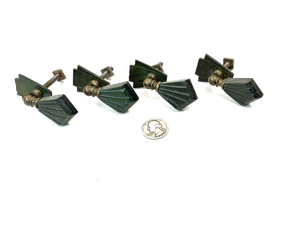 4 Antique Art Deco Dark Green Bakelite Keystone Drop Handle Drawer Pulls
