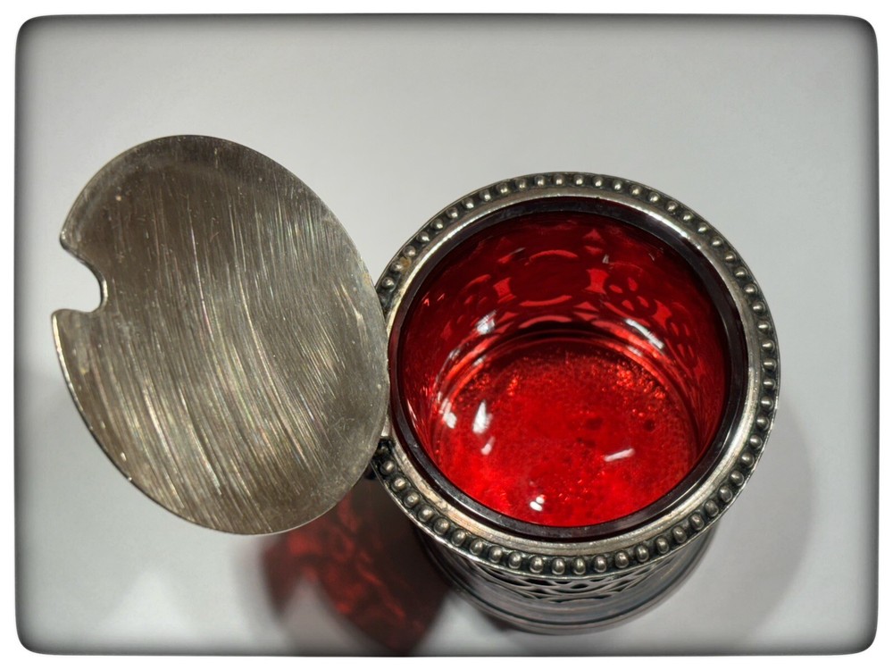 Antique Victorian Reticulated Condiment Jar with Ruby Glass Insert VG Condition.