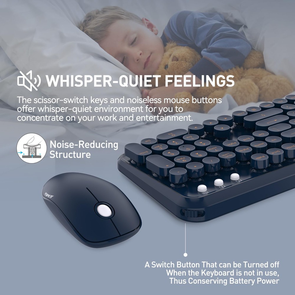 Wireless Keyboard Mouse Combo Switch Button 2.4GHz Cordless Typewriter Blue