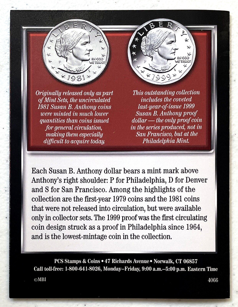 Susan B. Anthony Coins, The Complete Uncirculated Collection Includes 1999 Proof