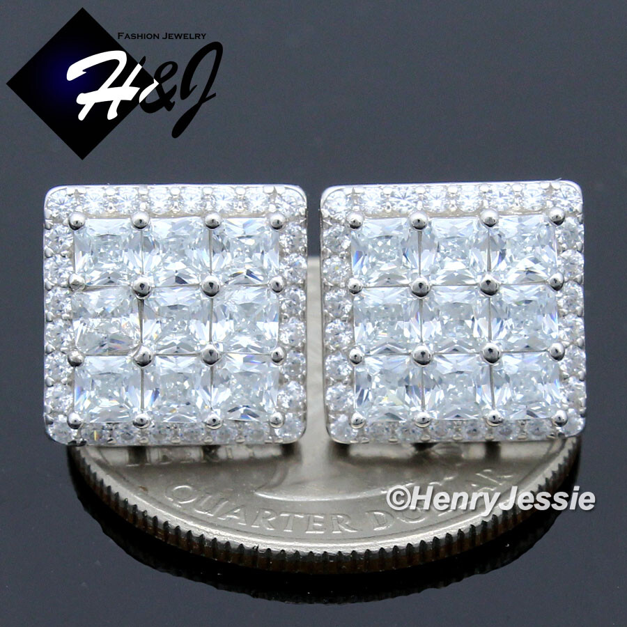 MEN SOLID 925 STERLING SILVER 12MM ICY CZ SQUARE 3D SCREW BACK STUD EARRING*E205