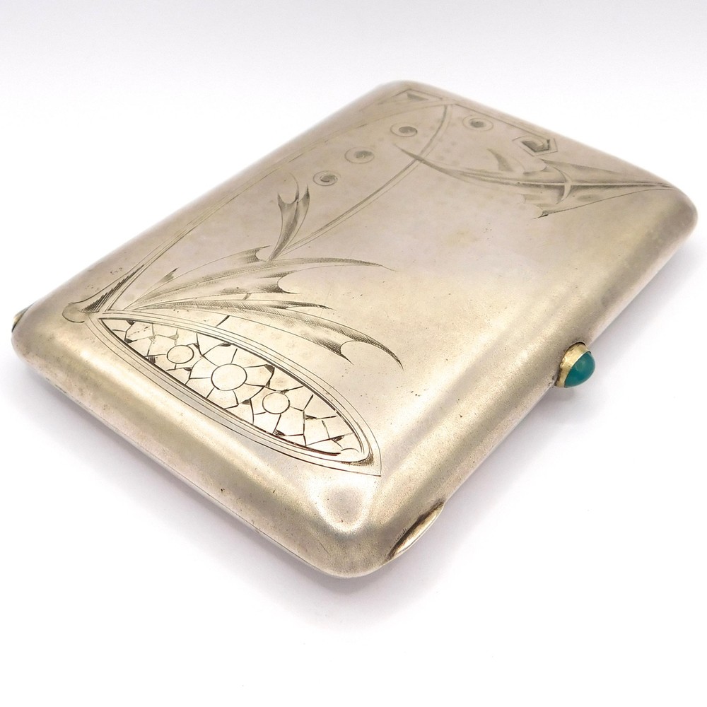 RUSSIAN IMPERIAL ARTS & CRAFTS SILVER & CHRYSOPRASE CIGARETTE CASE