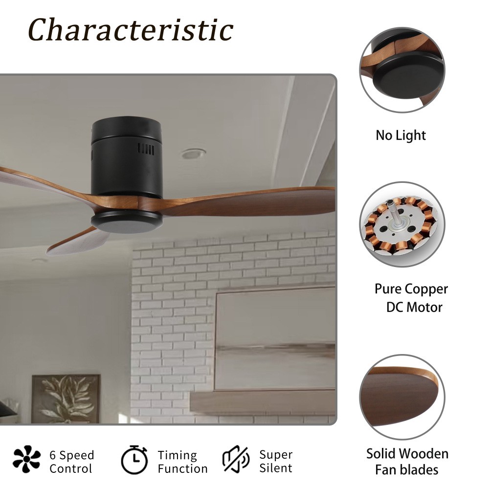 Flush Mount Ceiling Without Light Solid Wood Blades Reversible Quiet DC Motor