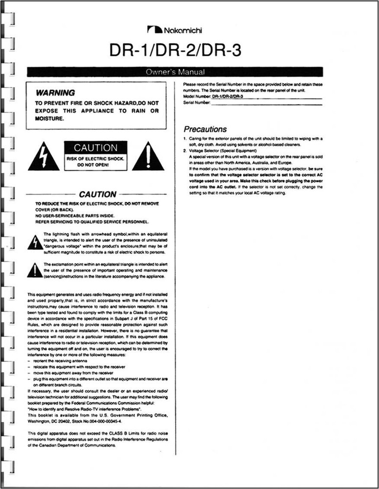 Nakamichi DR-1 / DR-2 / DR-3 Cassette Deck Owners Manual