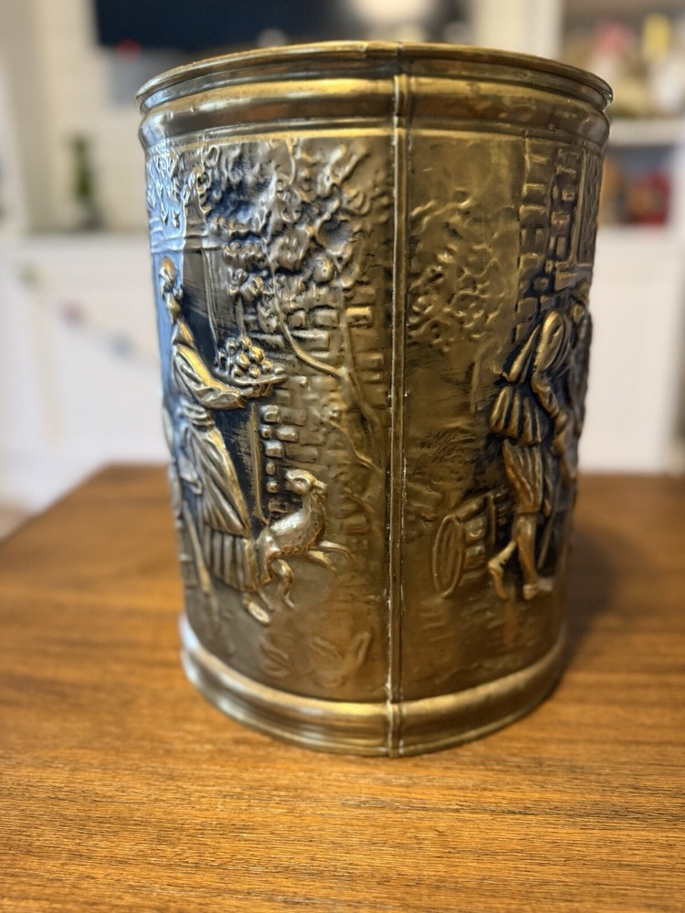 Vintage Peerage Embossed Hammered Brass Decorative Container With Tavern Scene