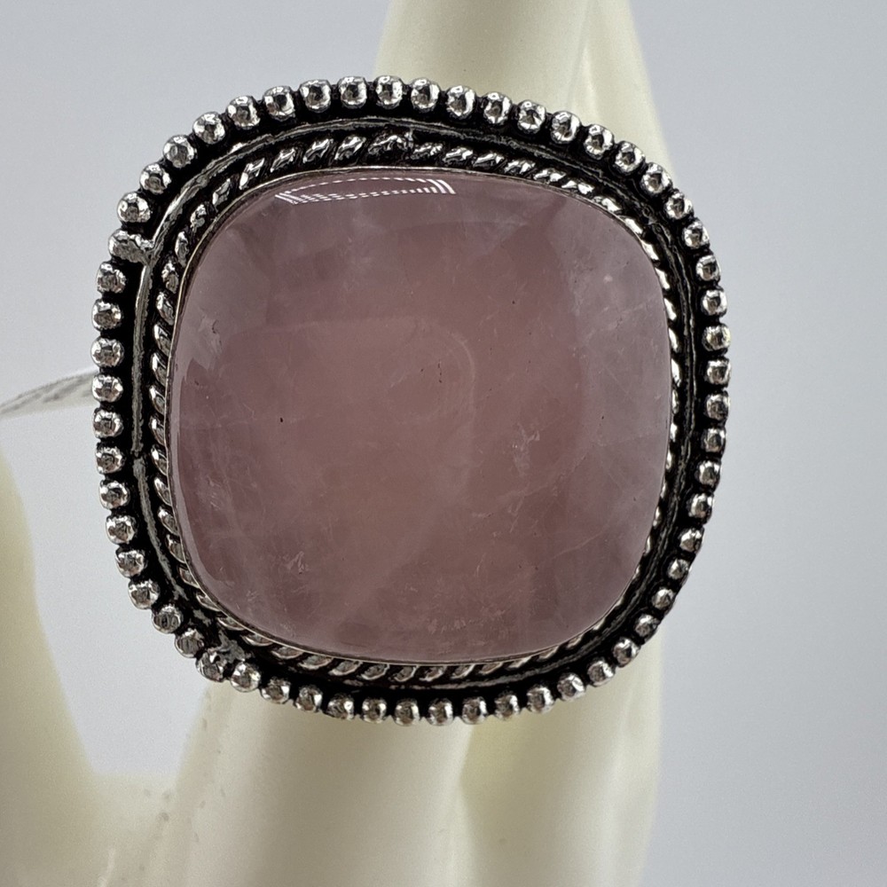 German Silver Rose Quartz Square Statement Ring Size 6 NWT