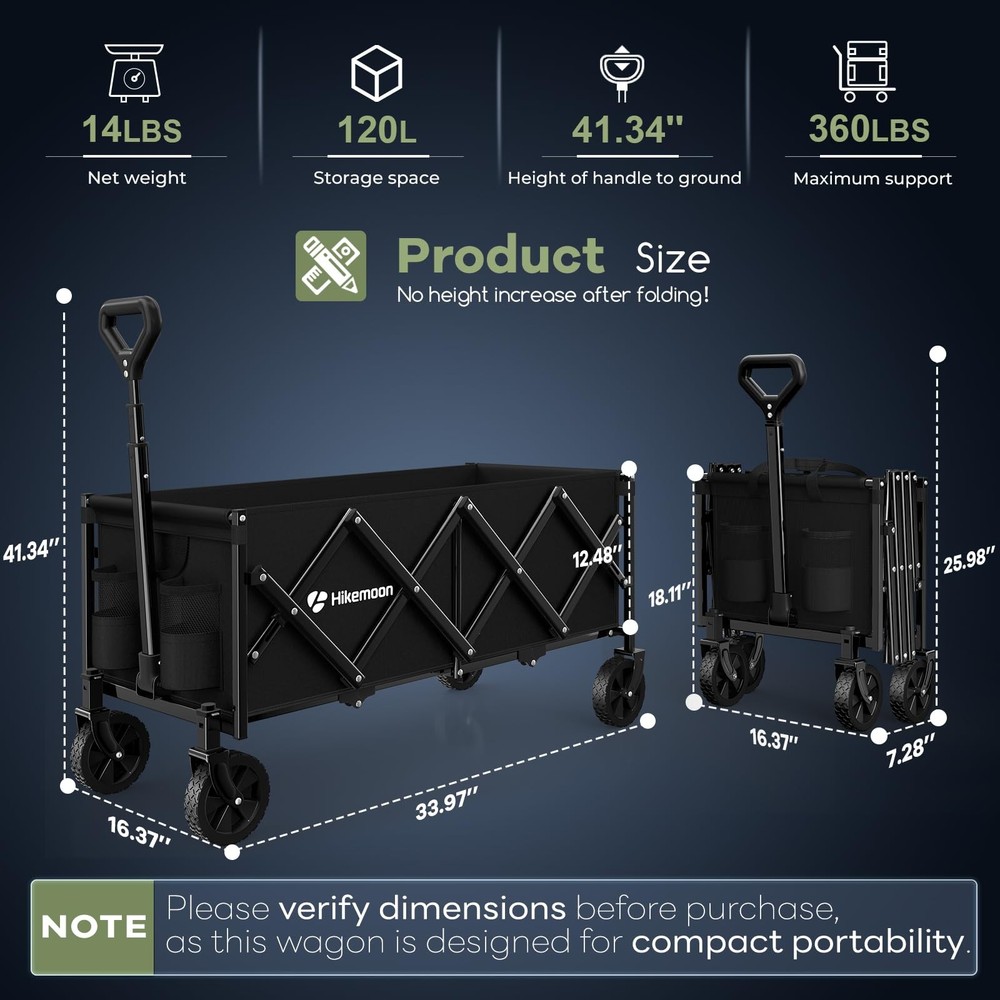 34'' Extra Long Collapsible Wagons Carts Foldable, 360LBS Heavy Duty Folding ...