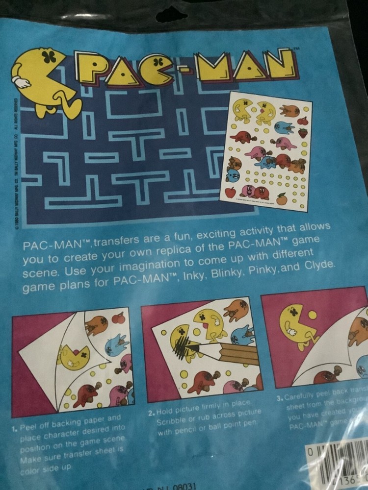 Vintage Pac Man Video Game Rub Down Transfer Set Stickers