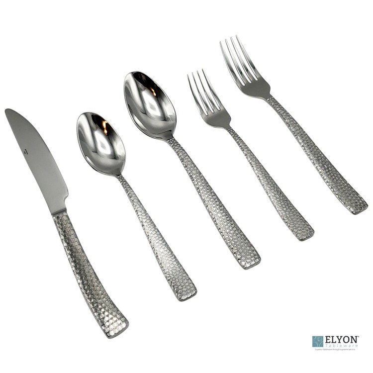 Elyon Crown Hammered Reflective Silver 20-Piece Flatware Set Stainless Steel