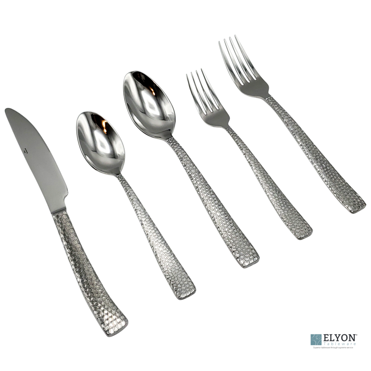 Elyon Crown Hammered Reflective Silver 20-Piece Flatware Set Stainless Steel