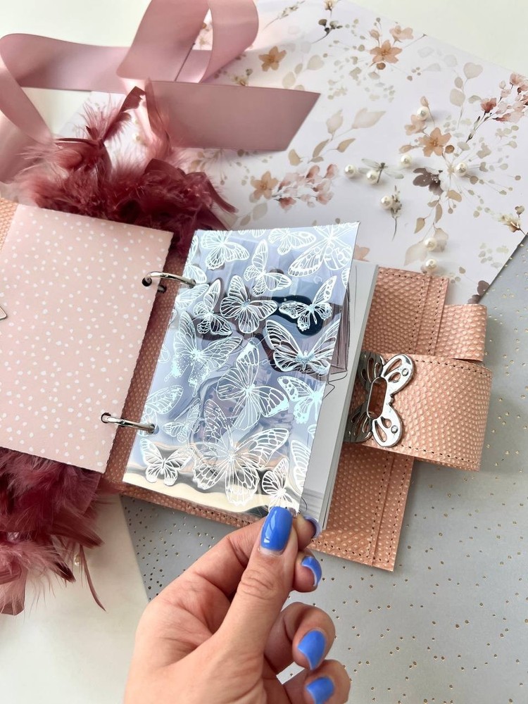Peach leather notebook cover A7 6 rings mini wallet, Mini Planner Binder.