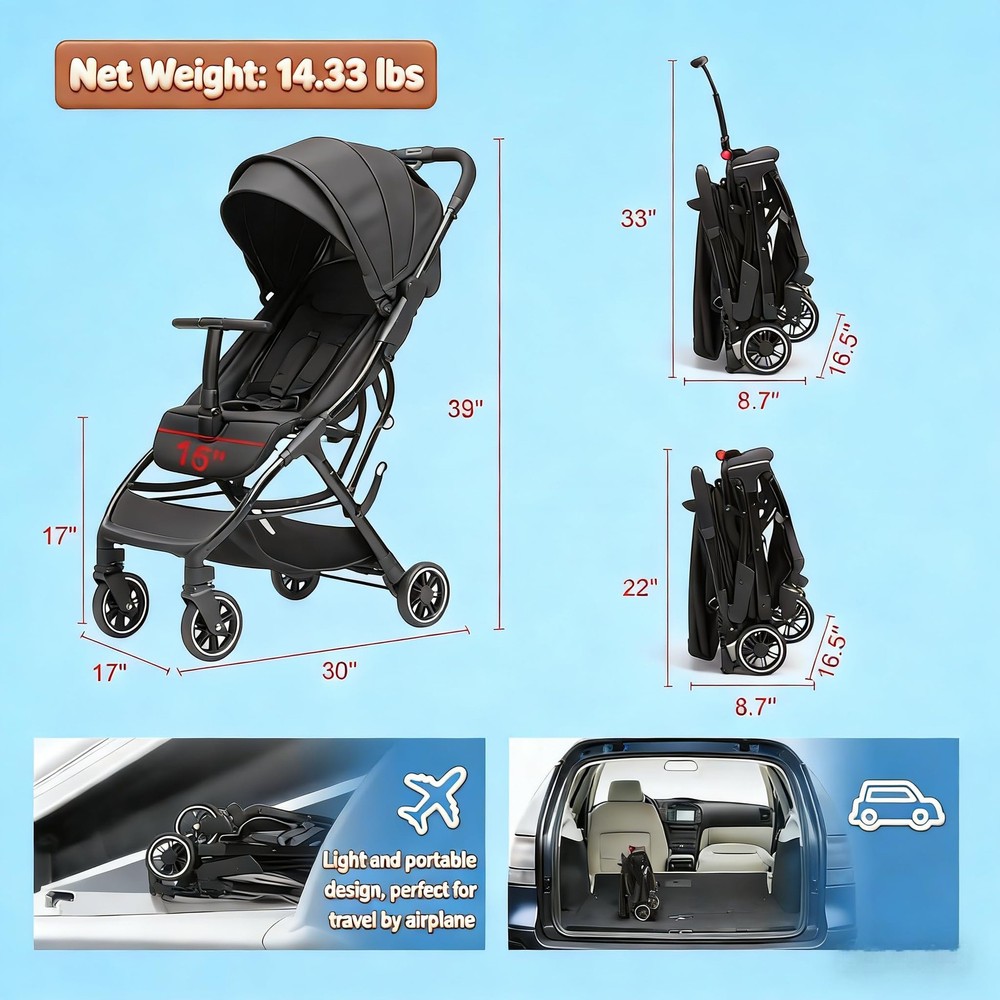 Portable Lightweight Umbrella Stroller with Automatic Fold & Sun Canopy