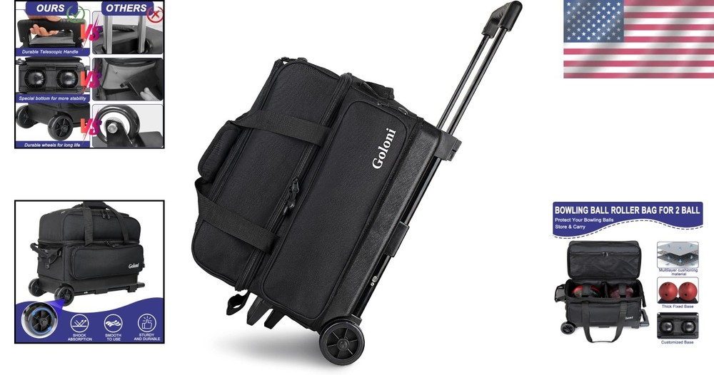 Durable 2-Ball Bowling Bag with Retractable Handle & Ventilated Shoe Compartment