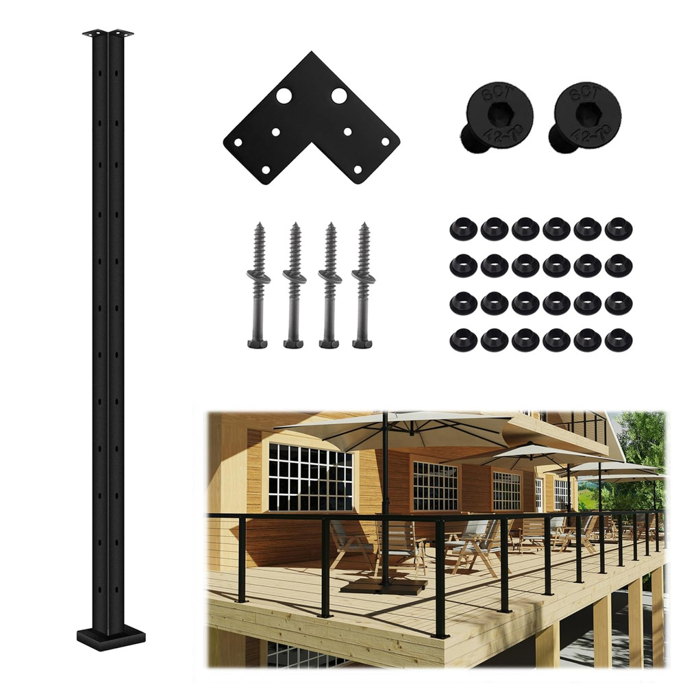 42" Black Cable Railing Corner Post for Easy DIY Deck Project - Pre-Drilled