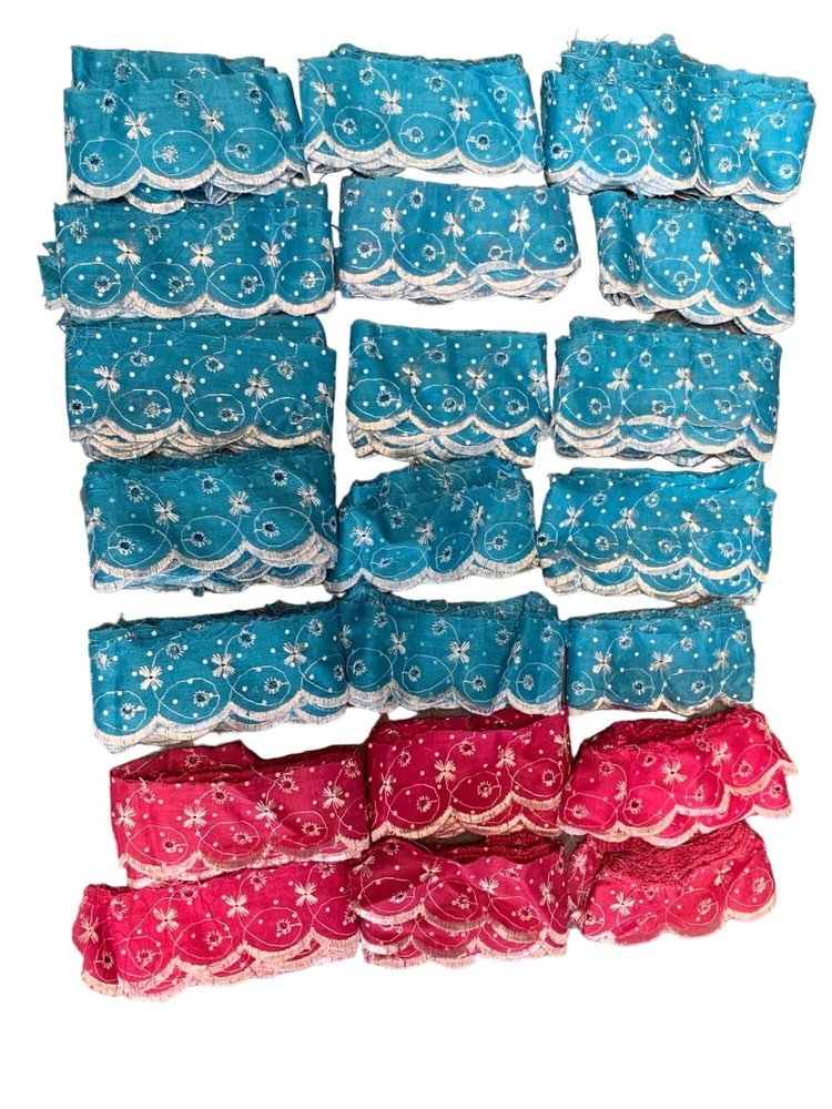 Blue & Pink Floral Eyelet Lace Trim Fabric Bundle