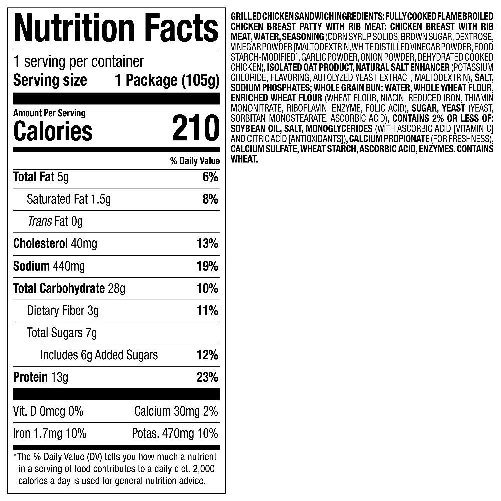 Grilled Chicken Sandwich 10 Pack High Protein 13g Each