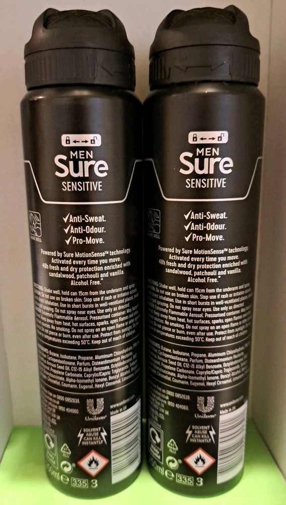 (2) Sure Men Motion Sense "SENSITIVE" Dry Deodorant Spray 250 ml (6.7 oz)