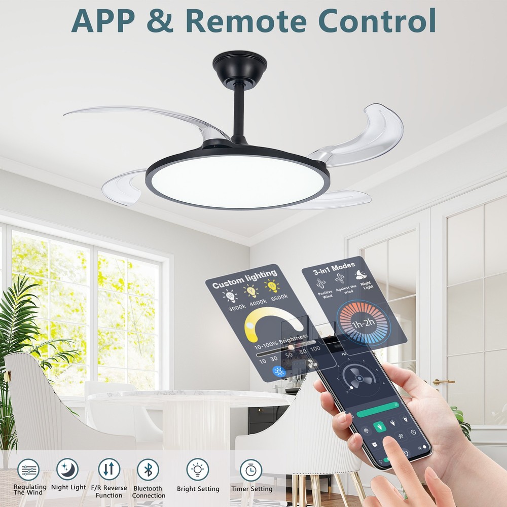 42" LED Ceiling Fan Light Dimmable 3CCT Retractable Blade w Remote & APP Control