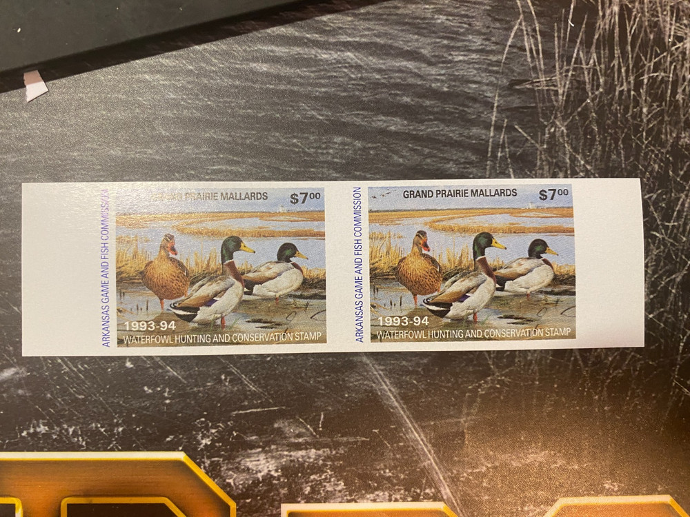 1993 Arkansas State Duck Stamp, unperforated Pair